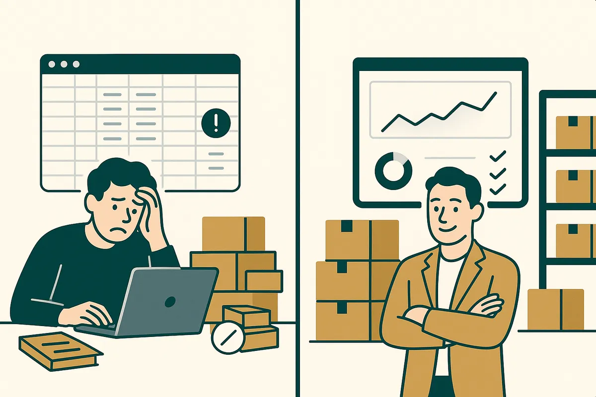Before and after comparison showing Bailey and Coco inventory visibility improvement with weeks cover tracking