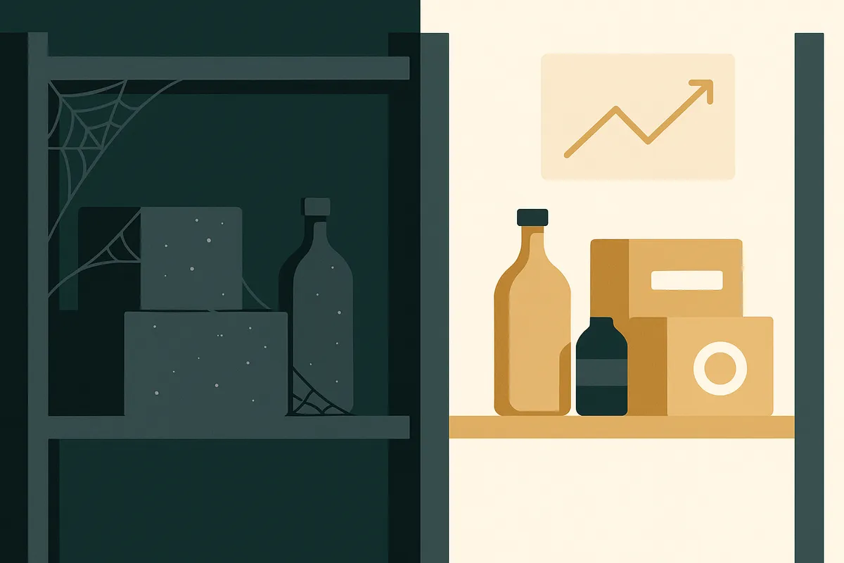 Warehouse shelves showing unsold inventory with dust collecting on boxes representing dead stock in ecommerce