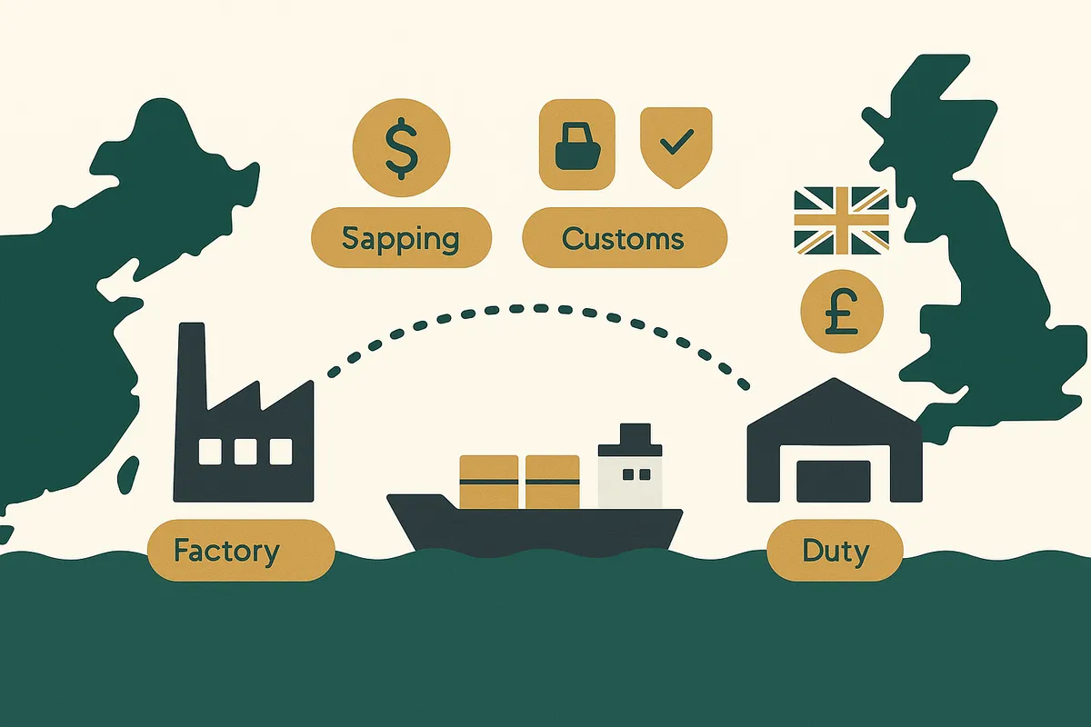 Calculator showing landed cost breakdown for a UK import shipment from China with customs duty and shipping components