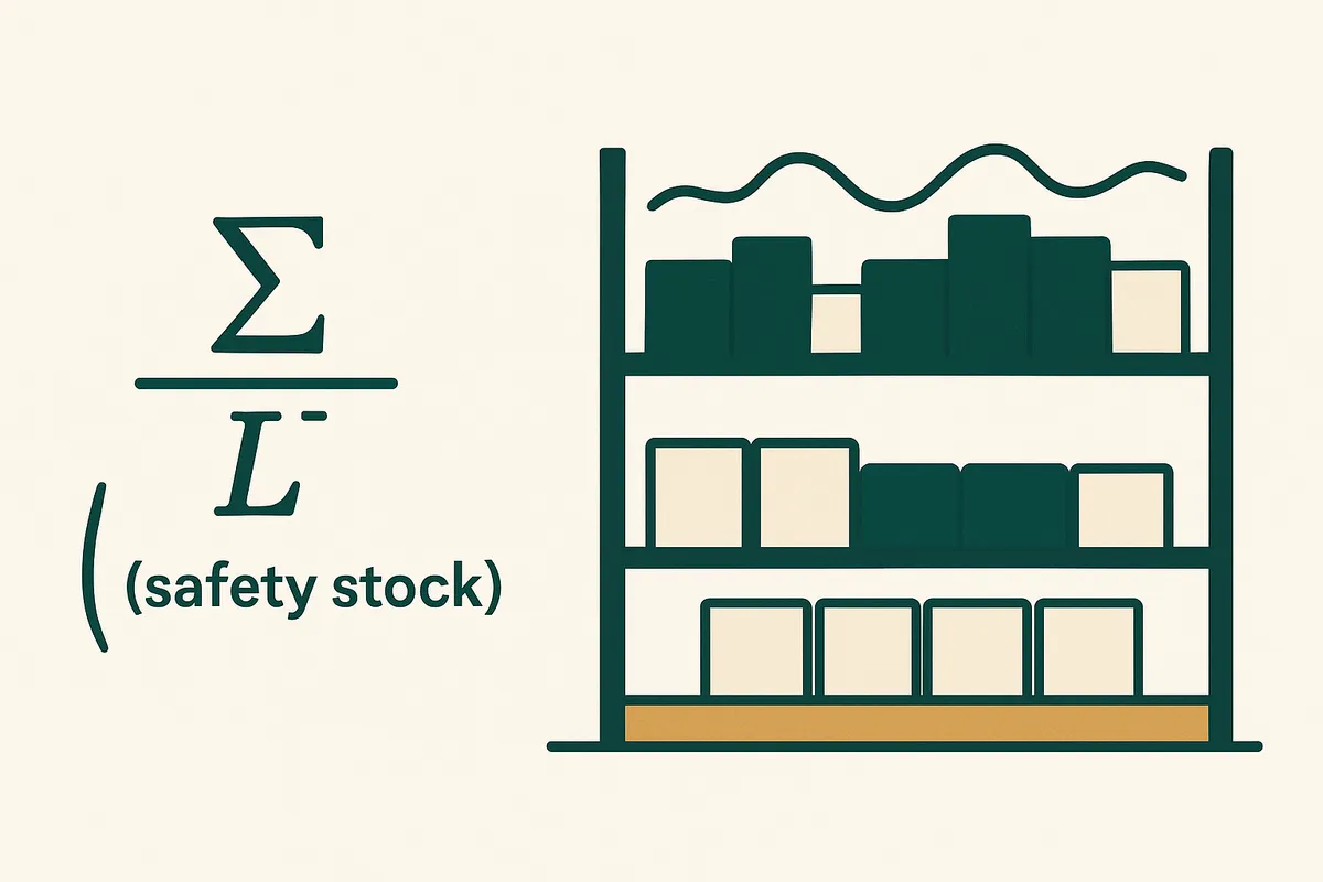 Visual representation of safety stock as a buffer between reorder point and zero stock with the mathematical formula overlaid