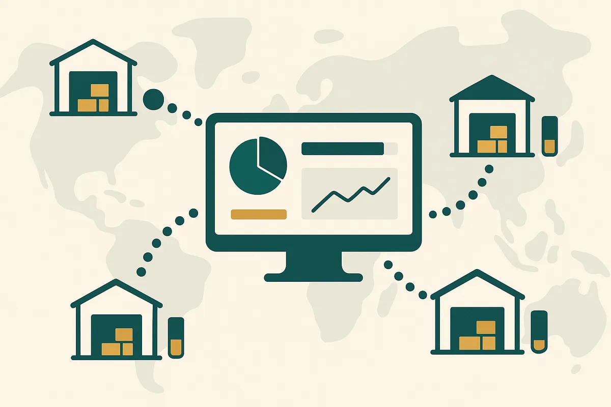 Shopify admin screen showing multi-location inventory tracking with stock levels across five different warehouse locations
