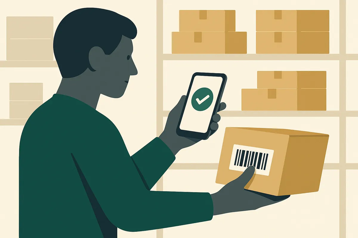 Person scanning a product barcode with a smartphone camera in a small warehouse setting