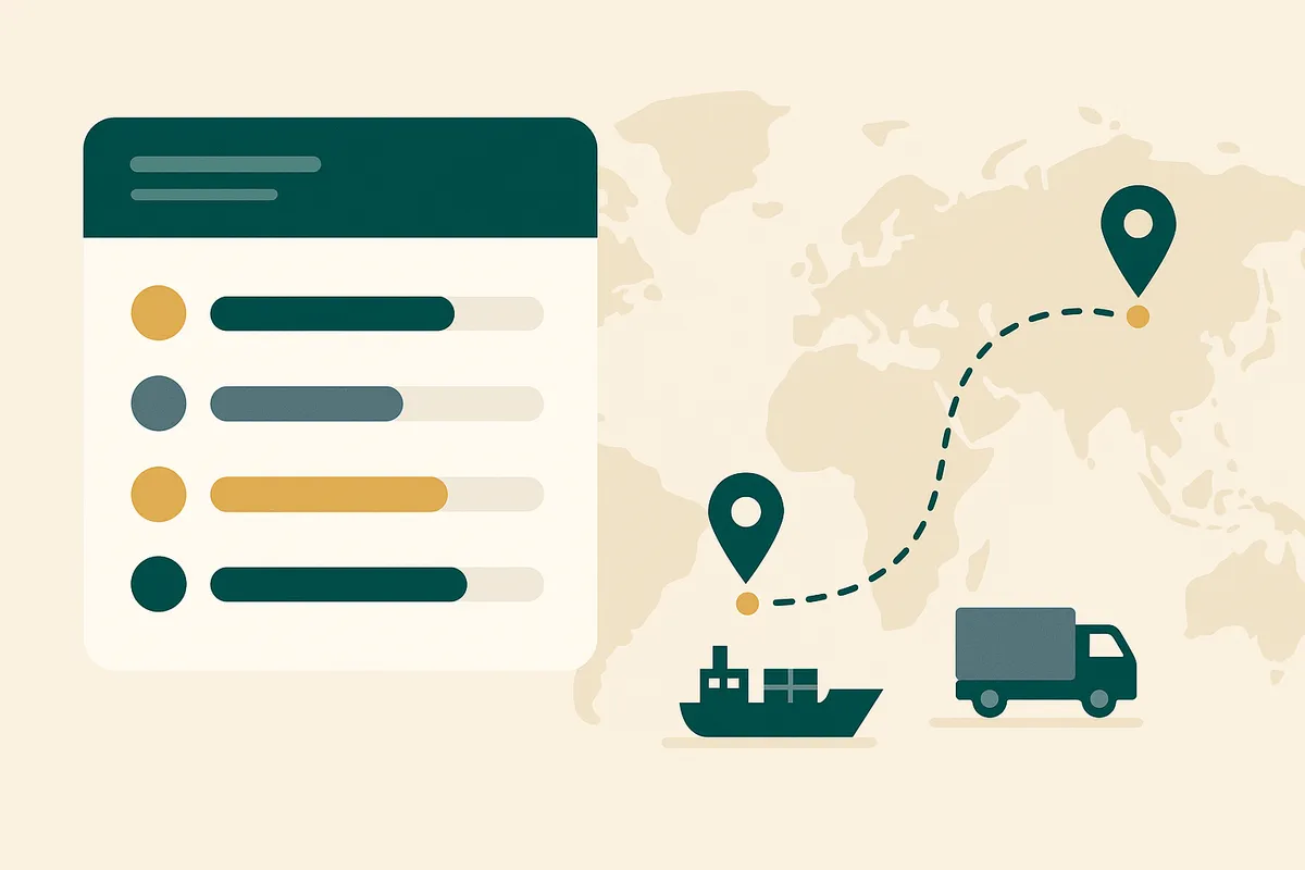 Canopy import tracking showing a purchase order journey from factory production through sea freight to UK delivery