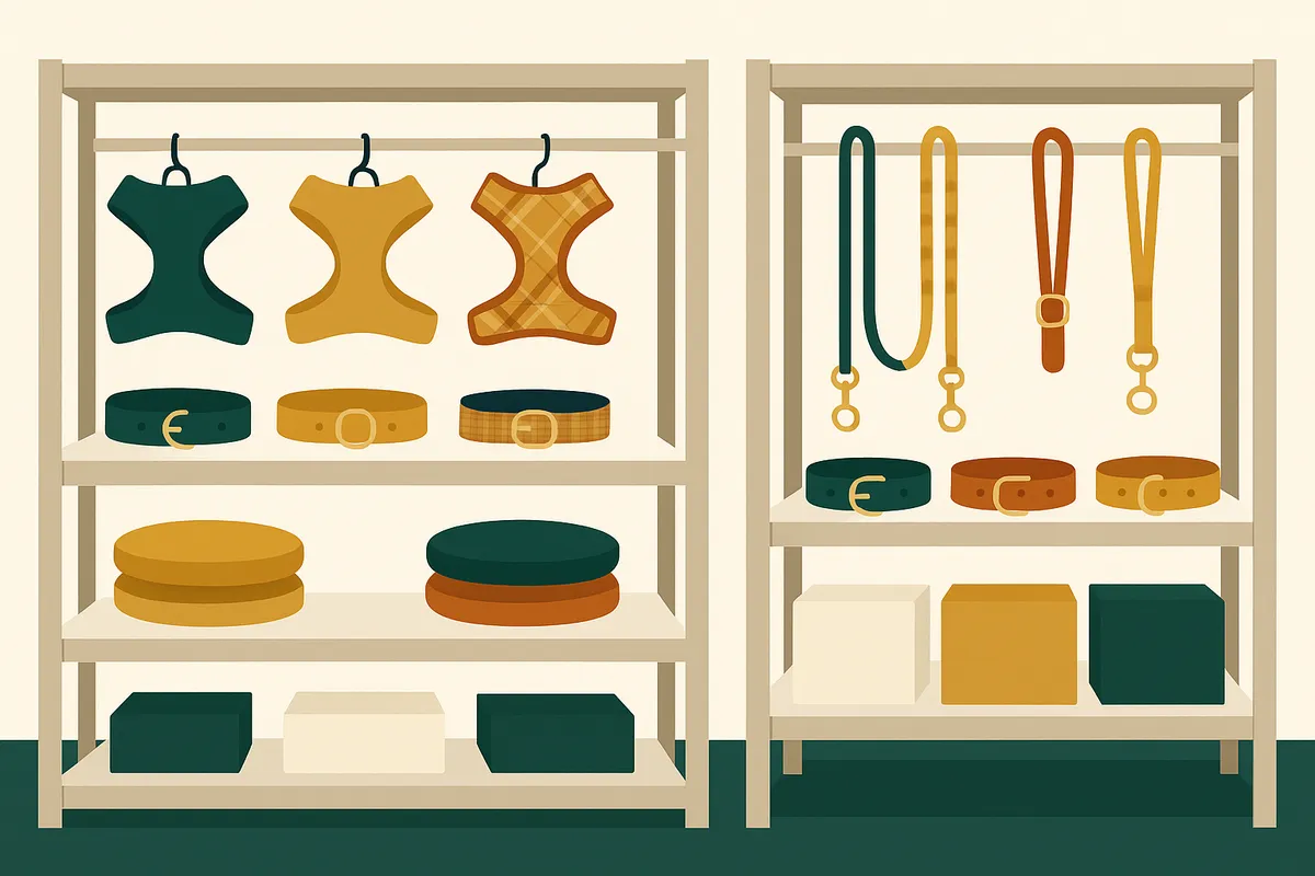Organised pet accessories warehouse showing collars, leads, toys, and accessories on shelving systems