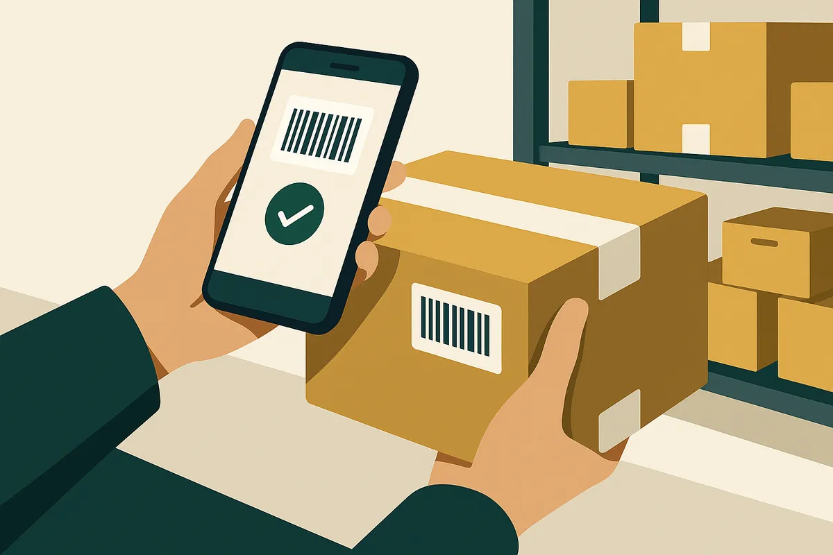 Warehouse worker using a Bluetooth barcode scanner to receive Shopify inventory
